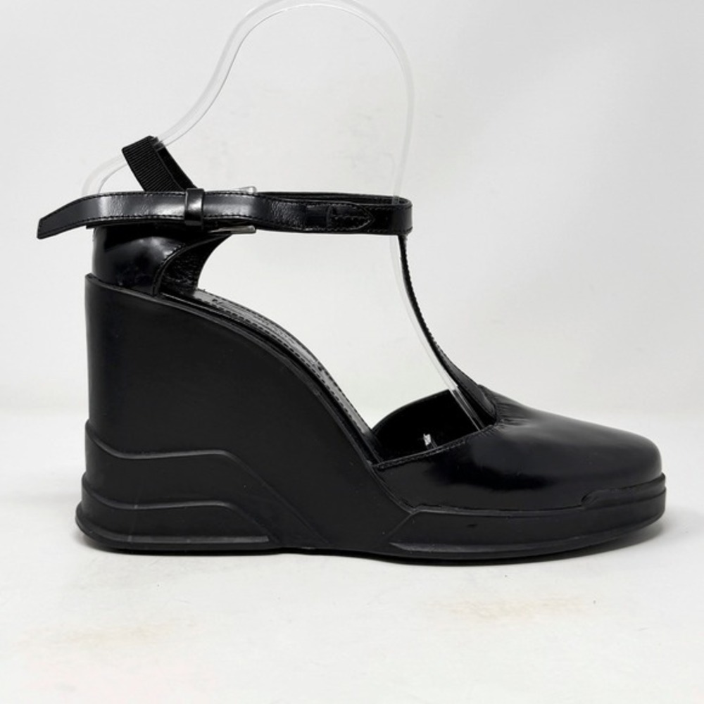 Prada‎ Black Wedge Sandals T Strap Leather Heels 37.5 - Picture 4 of 11